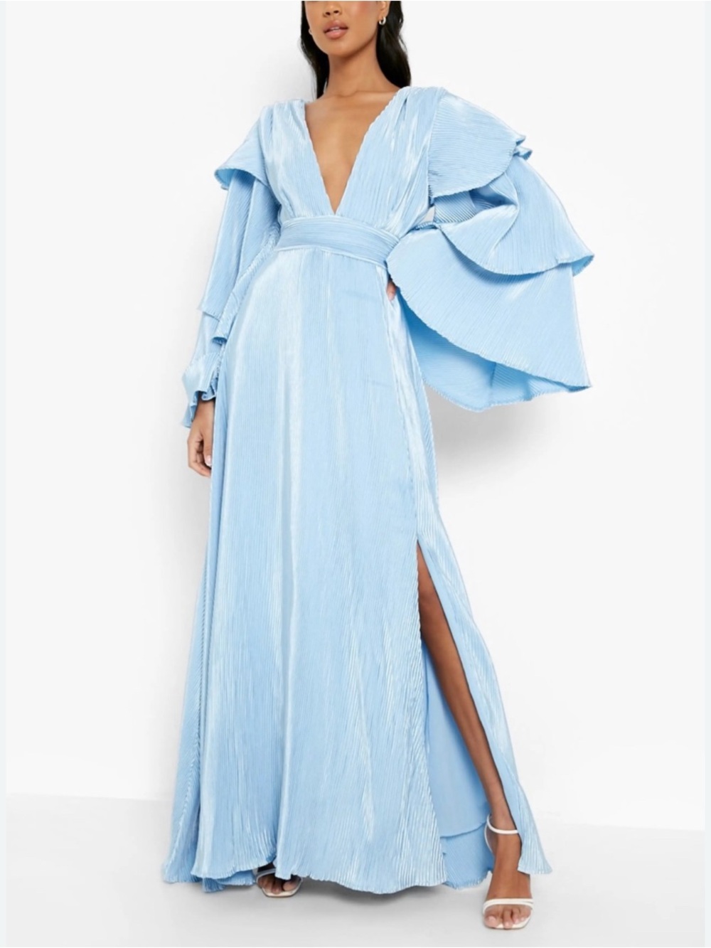 Light Blue Plissé Maxi Dress with Statement Sleeves